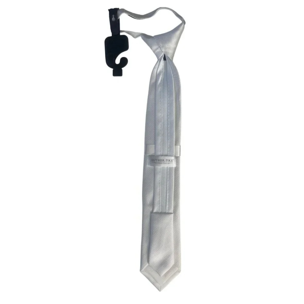 Luther Pike Zipper Pre Tied Satin Look Tie Boys White New Wedding